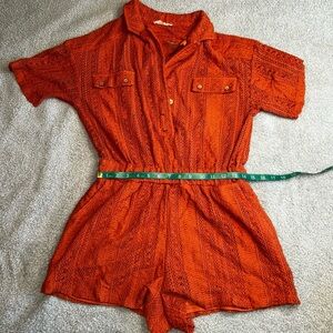 Orange Short-Sleeved Romper with Cinched Waist